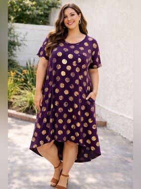 LuLaRoe Carly Swing Dress Purple Gold Polka Dot High Low Size L Boho Casual Bold
